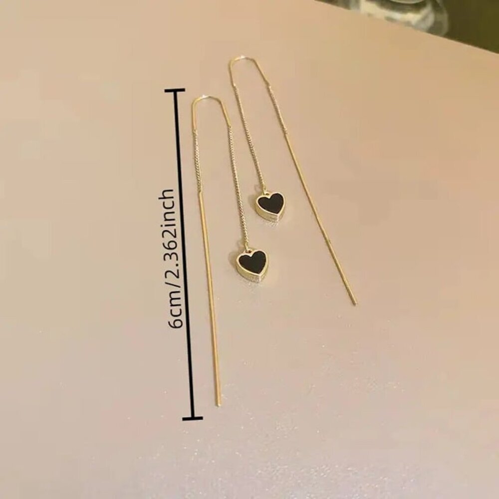 NEW Gold tassel earrings, black heart earrings, gold thread earrings, jewelry - Picture 3 of 5